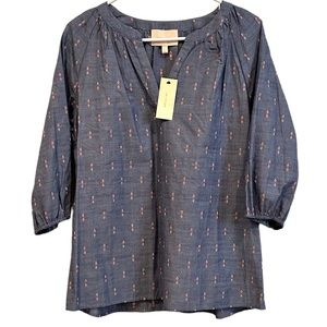 Skies Are Blue Embroidered Diamond Diamond Print Blue V-Neck Top